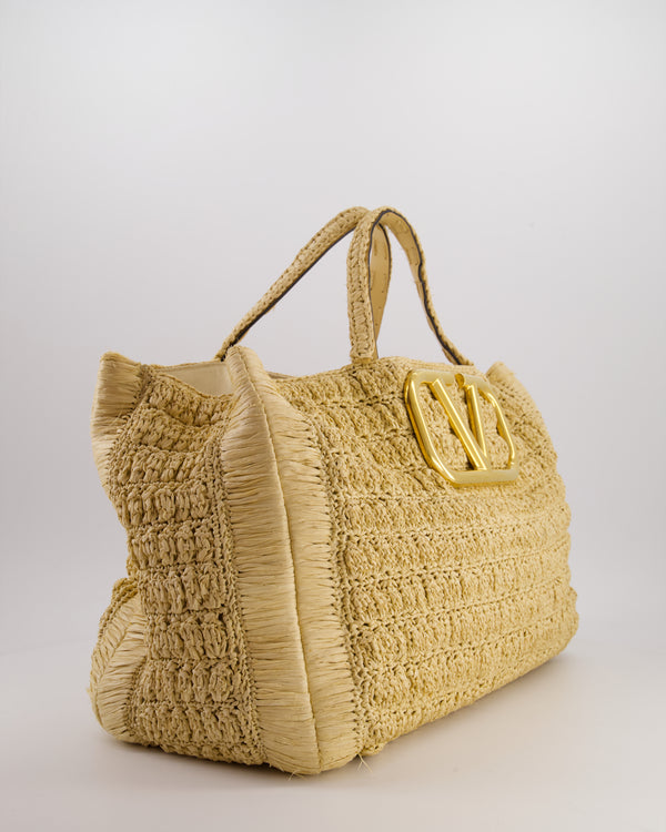 Valentino Beige Crochet Tote Bag with Gold Logo Detail