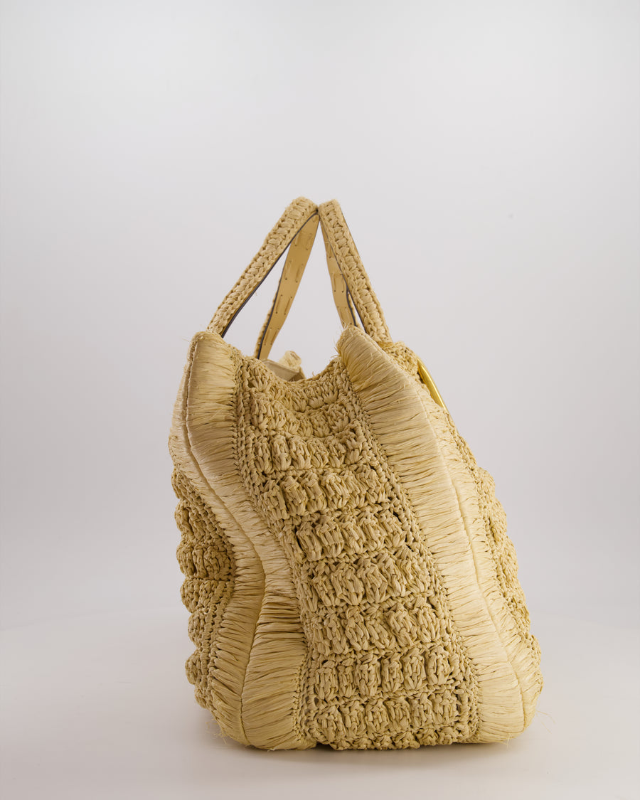 Valentino Beige Crochet Tote Bag with Gold Logo Detail