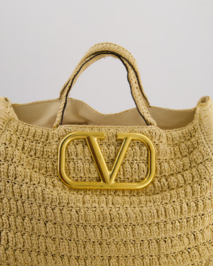 Valentino Beige Crochet Tote Bag with Gold Logo Detail