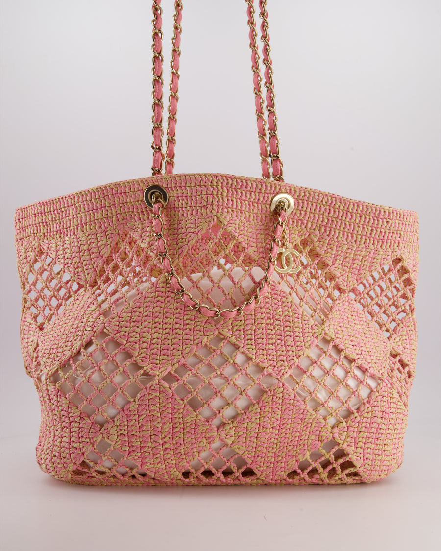 Chanel Beige & Pink Raffia Tote with Pastel Pink Leather Pouch and CC Logo Charm with Champagne Gold Hardware