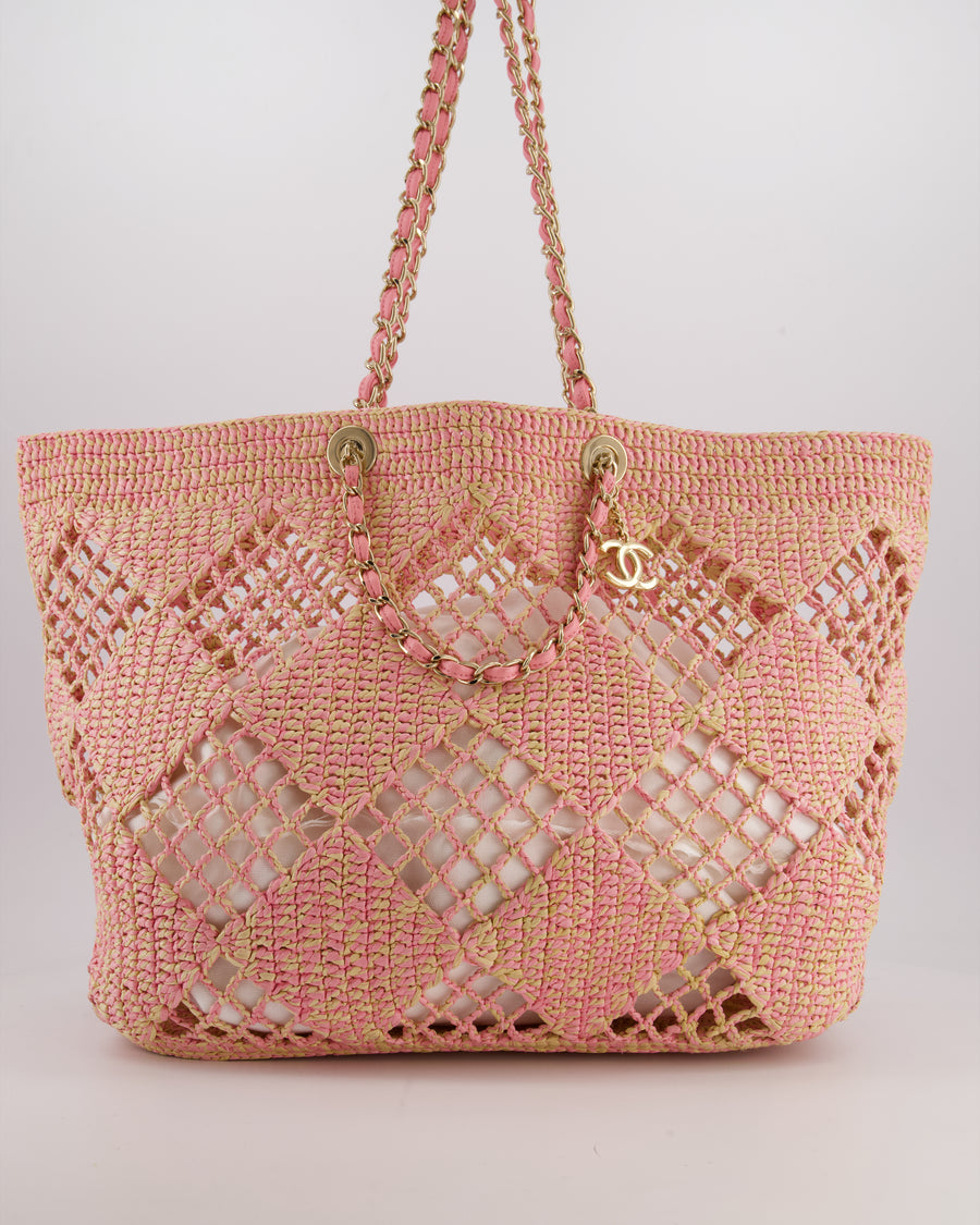 Chanel Beige & Pink Raffia Tote with Pastel Pink Leather Pouch and CC Logo Charm with Champagne Gold Hardware