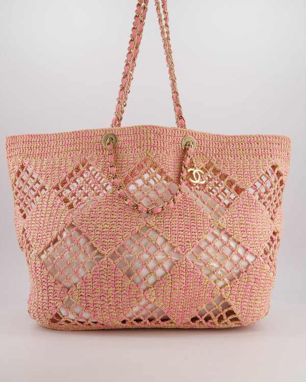 Chanel Beige & Pink Raffia Tote with Pastel Pink Leather Pouch and CC Logo Charm with Champagne Gold Hardware