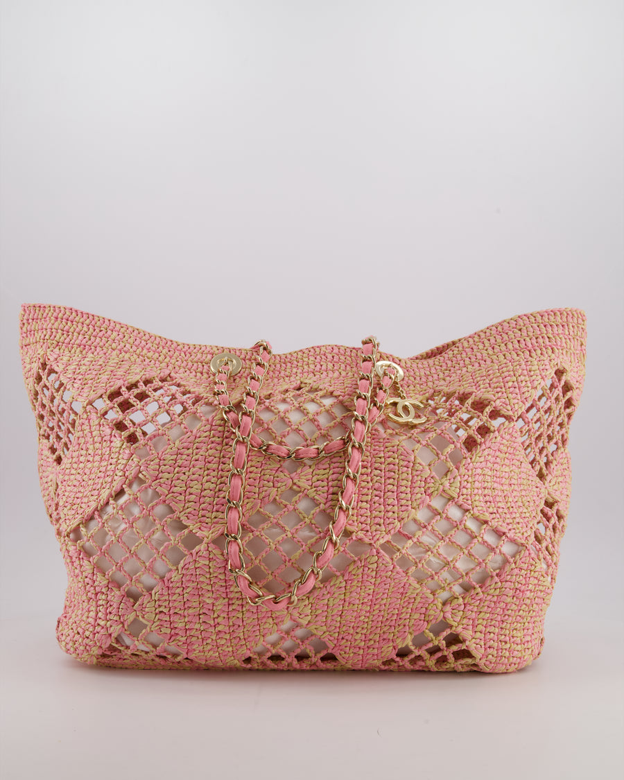 Chanel Beige & Pink Raffia Tote with Pastel Pink Leather Pouch and CC Logo Charm with Champagne Gold Hardware