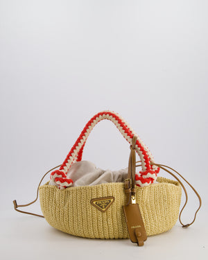 Prada Beige Small Crotchet Bag with Red & White Rope Handles & Tan Leather Charm Detail