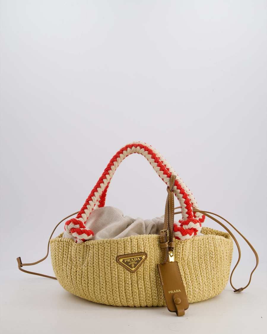 Prada Beige Small Crotchet Bag with Red & White Rope Handles & Tan Leather Charm Detail