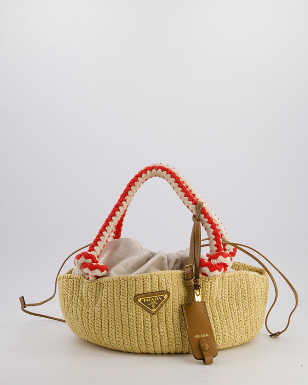 Prada Beige Small Crotchet Bag with Red & White Rope Handles & Tan Leather Charm Detail
