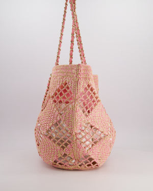 Chanel Beige & Pink Raffia Tote with Pastel Pink Leather Pouch and CC Logo Charm with Champagne Gold Hardware