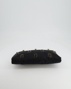 Prada Black Nylon Clutch Bag with Rhinestones Appliqué and Gold Logo