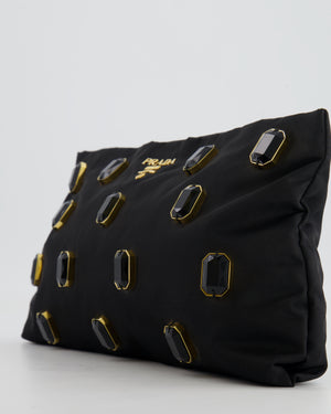 Prada Black Nylon Clutch Bag with Rhinestones Appliqué and Gold Logo