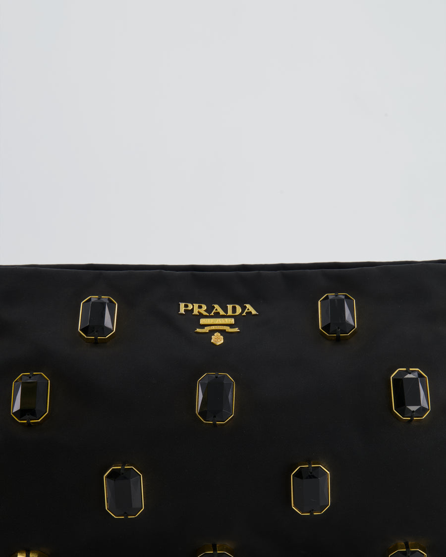 Prada Black Nylon Clutch Bag with Rhinestones Appliqué and Gold Logo