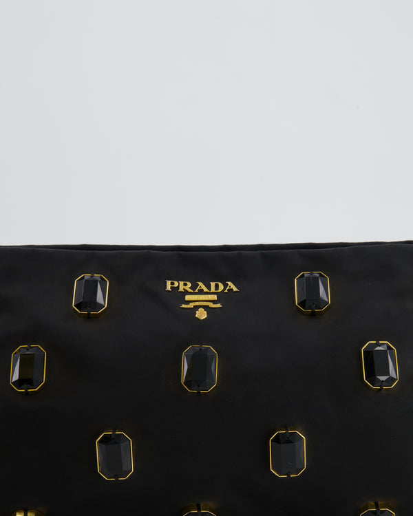 Prada Black Nylon Clutch Bag with Rhinestones Appliqué and Gold Logo