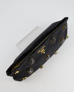 Prada Black Nylon Clutch Bag with Rhinestones Appliqué and Gold Logo