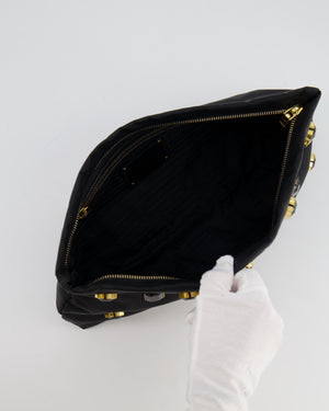 Prada Black Nylon Clutch Bag with Rhinestones Appliqué and Gold Logo