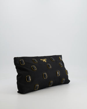 Prada Black Nylon Clutch Bag with Rhinestones Appliqué and Gold Logo