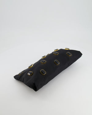 Prada Black Nylon Clutch Bag with Rhinestones Appliqué and Gold Logo