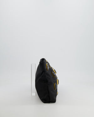 Prada Black Nylon Clutch Bag with Rhinestones Appliqué and Gold Logo