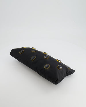 Prada Black Nylon Clutch Bag with Rhinestones Appliqué and Gold Logo