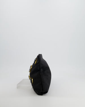 Prada Black Nylon Clutch Bag with Rhinestones Appliqué and Gold Logo