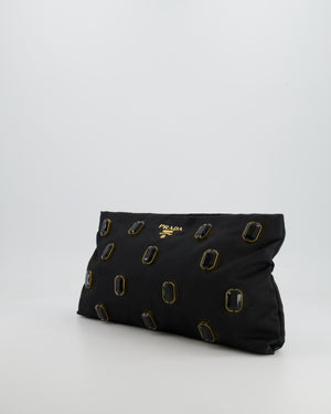 Prada Black Nylon Clutch Bag with Rhinestones Appliqué and Gold Logo