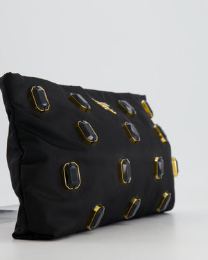 Prada Black Nylon Clutch Bag with Rhinestones Appliqué and Gold Logo
