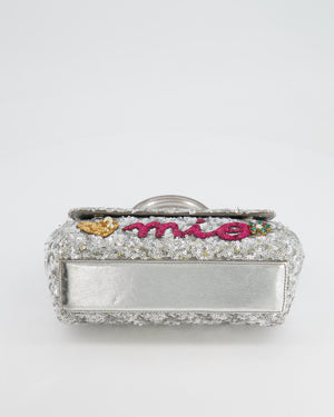 Dolce & Gabbana Silver Sequin Amore Mio Embellished Top Handle Mini Sicily Bag with Crystal Appliqué