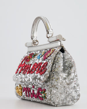 Dolce & Gabbana Silver Sequin Amore Mio Embellished Top Handle Mini Sicily Bag with Crystal Appliqué