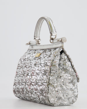 Dolce & Gabbana Silver Sequin Amore Mio Embellished Top Handle Mini Sicily Bag with Crystal Appliqué