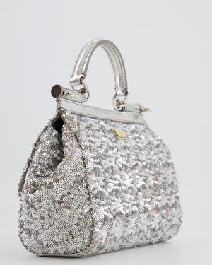 Dolce & Gabbana Silver Sequin Amore Mio Embellished Top Handle Mini Sicily Bag with Crystal Appliqué