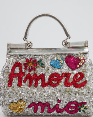 Dolce & Gabbana Silver Sequin Amore Mio Embellished Top Handle Mini Sicily Bag with Crystal Appliqué