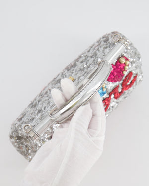 Dolce & Gabbana Silver Sequin Amore Mio Embellished Top Handle Mini Sicily Bag with Crystal Appliqué