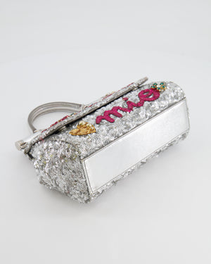 Dolce & Gabbana Silver Sequin Amore Mio Embellished Top Handle Mini Sicily Bag with Crystal Appliqué