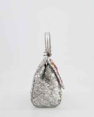 Dolce & Gabbana Silver Sequin Amore Mio Embellished Top Handle Mini Sicily Bag with Crystal Appliqué