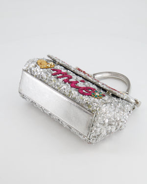 Dolce & Gabbana Silver Sequin Amore Mio Embellished Top Handle Mini Sicily Bag with Crystal Appliqué