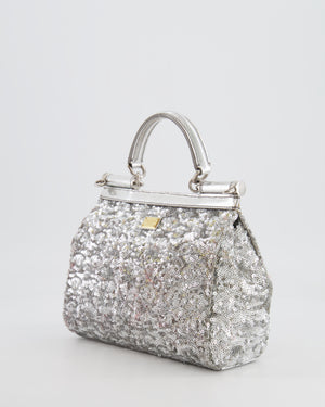 Dolce & Gabbana Silver Sequin Amore Mio Embellished Top Handle Mini Sicily Bag with Crystal Appliqué