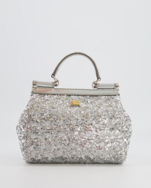 Dolce & Gabbana Silver Sequin Amore Mio Embellished Top Handle Mini Sicily Bag with Crystal Appliqué