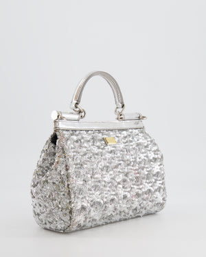 Dolce & Gabbana Silver Sequin Amore Mio Embellished Top Handle Mini Sicily Bag with Crystal Appliqué