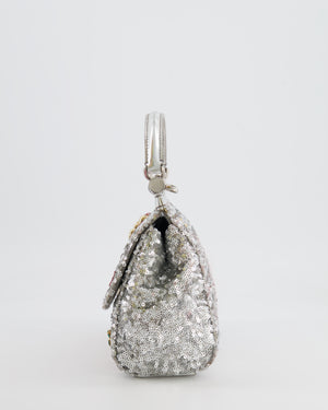 Dolce & Gabbana Silver Sequin Amore Mio Embellished Top Handle Mini Sicily Bag with Crystal Appliqué