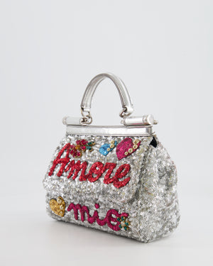 Dolce & Gabbana Silver Sequin Amore Mio Embellished Top Handle Mini Sicily Bag with Crystal Appliqué