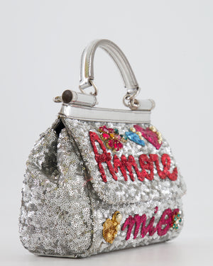 Dolce & Gabbana Silver Sequin Amore Mio Embellished Top Handle Mini Sicily Bag with Crystal Appliqué