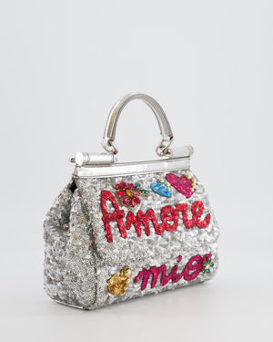 Dolce & Gabbana Silver Sequin Amore Mio Embellished Top Handle Mini Sicily Bag with Crystal Appliqué