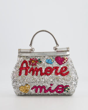 Dolce & Gabbana Silver Sequin Amore Mio Embellished Top Handle Mini Sicily Bag with Crystal Appliqué