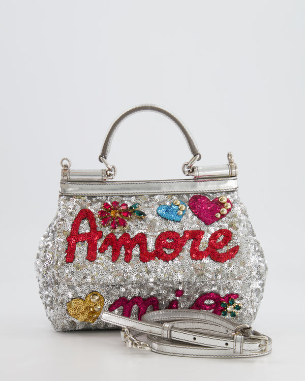 Dolce & Gabbana Silver Sequin Amore Mio Embellished Top Handle Mini Sicily Bag with Crystal Appliqué