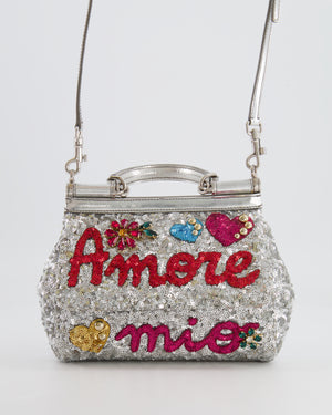 Dolce & Gabbana Silver Sequin Amore Mio Embellished Top Handle Mini Sicily Bag with Crystal Appliqué
