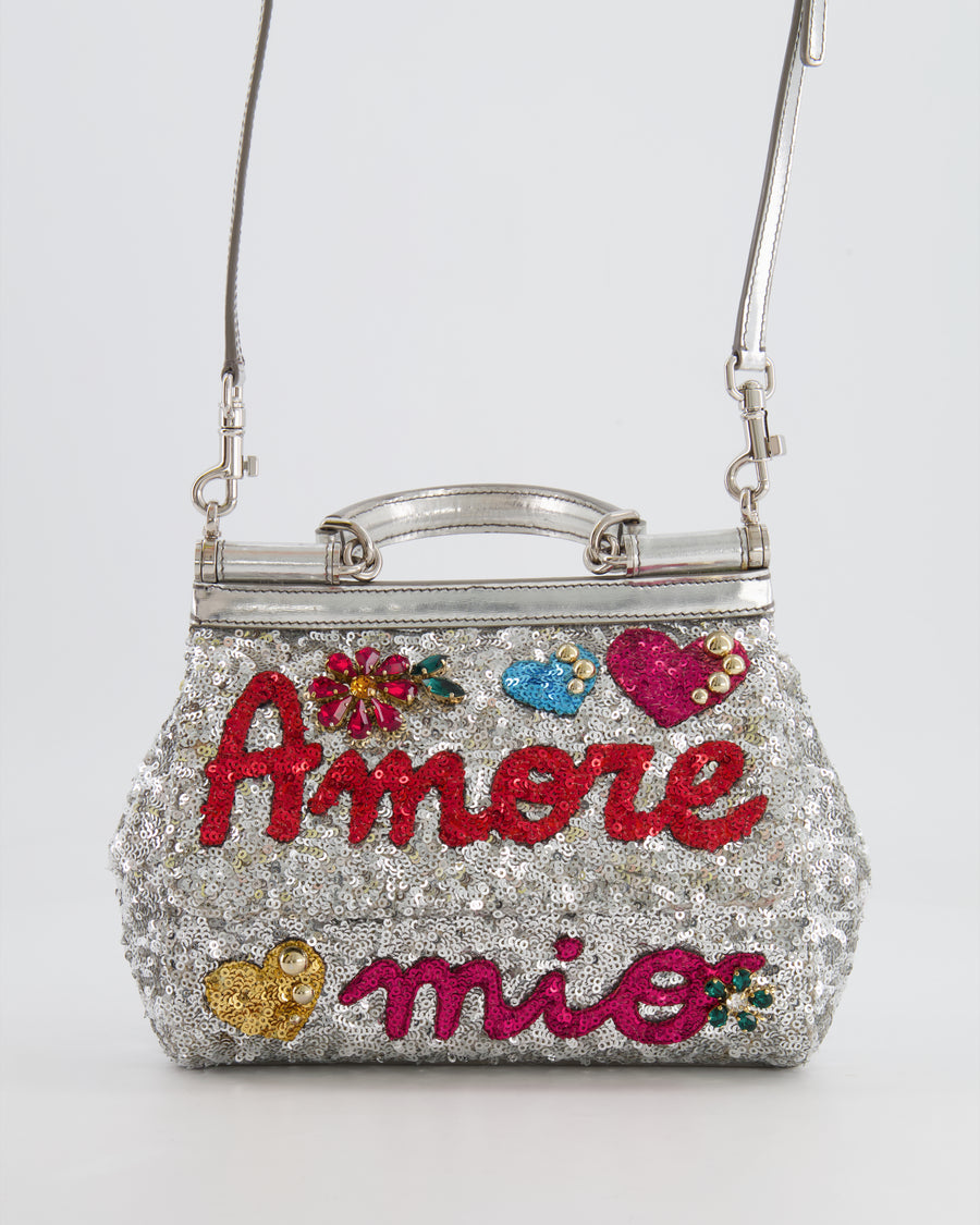 Dolce & Gabbana Silver Sequin Amore Mio Embellished Top Handle Mini Sicily Bag with Crystal Appliqué