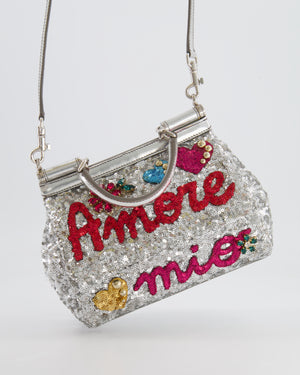 Dolce & Gabbana Silver Sequin Amore Mio Embellished Top Handle Mini Sicily Bag with Crystal Appliqué