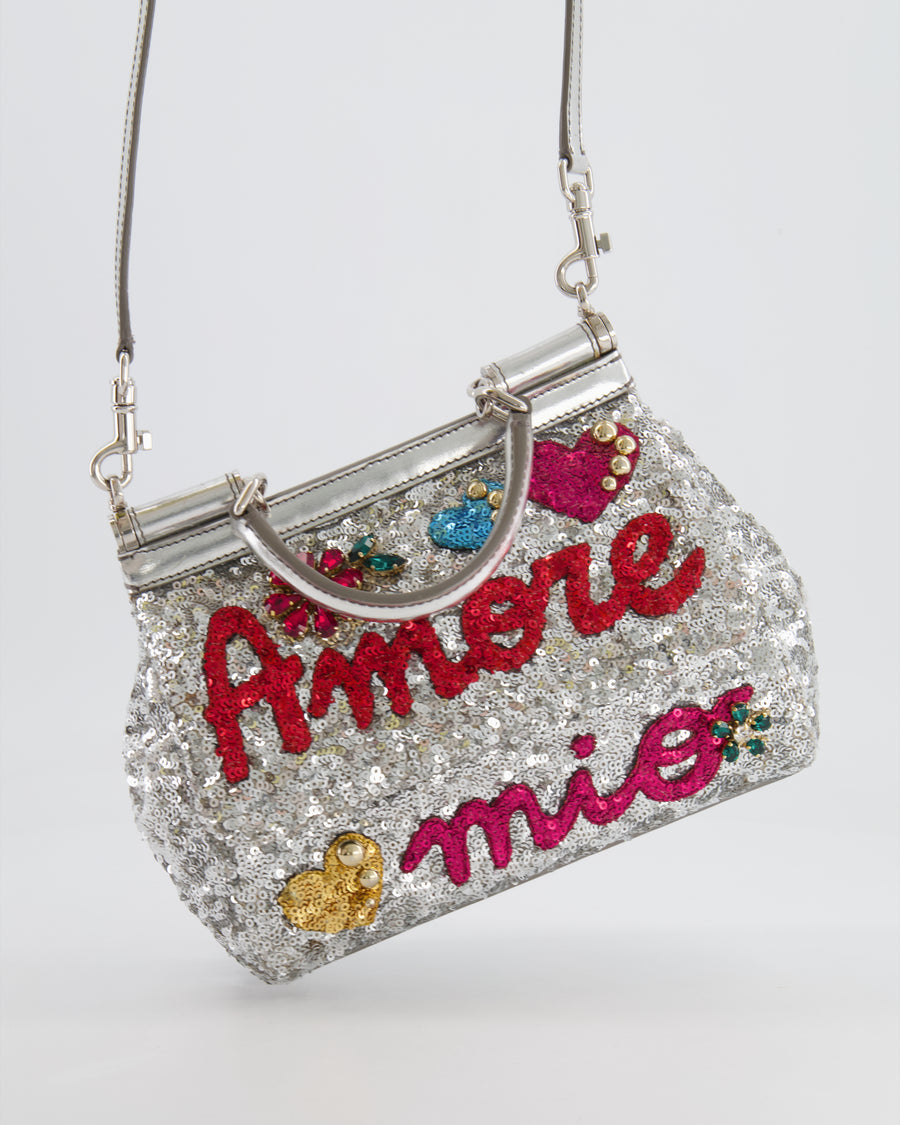Dolce & Gabbana Silver Sequin Amore Mio Embellished Top Handle Mini Sicily Bag with Crystal Appliqué