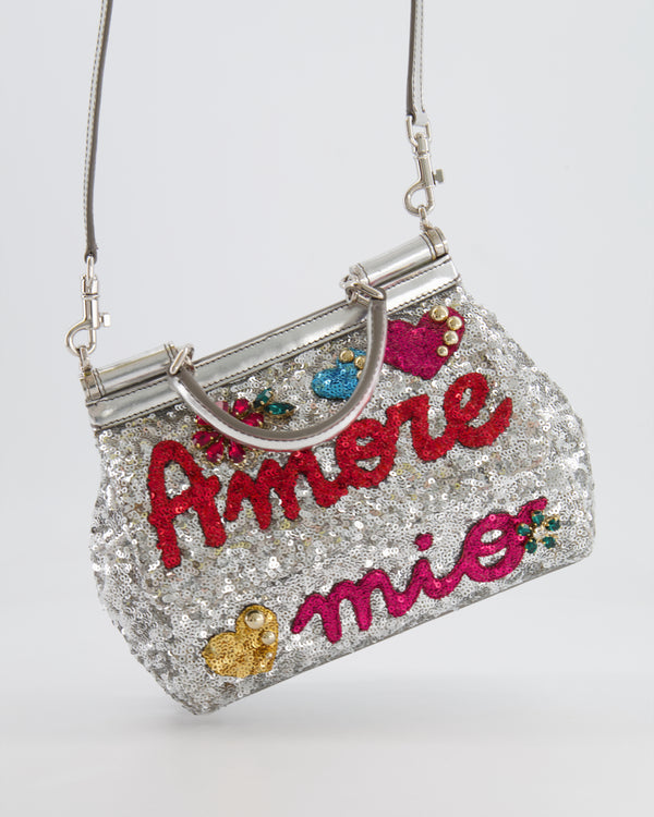 Dolce & Gabbana Silver Sequin Amore Mio Embellished Top Handle Mini Sicily Bag with Crystal Appliqué