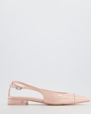 Chanel Baby Pink Patent Calfskin Leather Cap Toe Slingback Flats with Silver CC Logo Detail Size EU 37