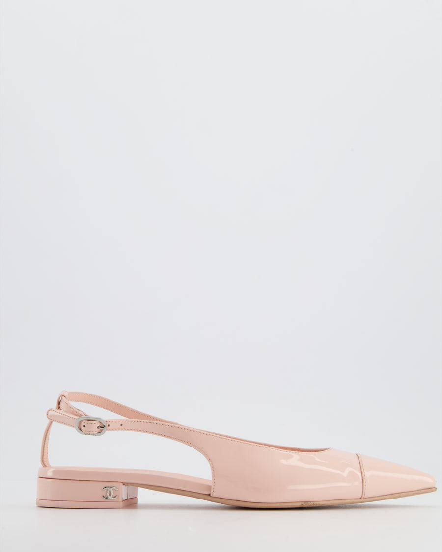 Chanel Baby Pink Patent Calfskin Leather Cap Toe Slingback Flats with Silver CC Logo Detail Size EU 37