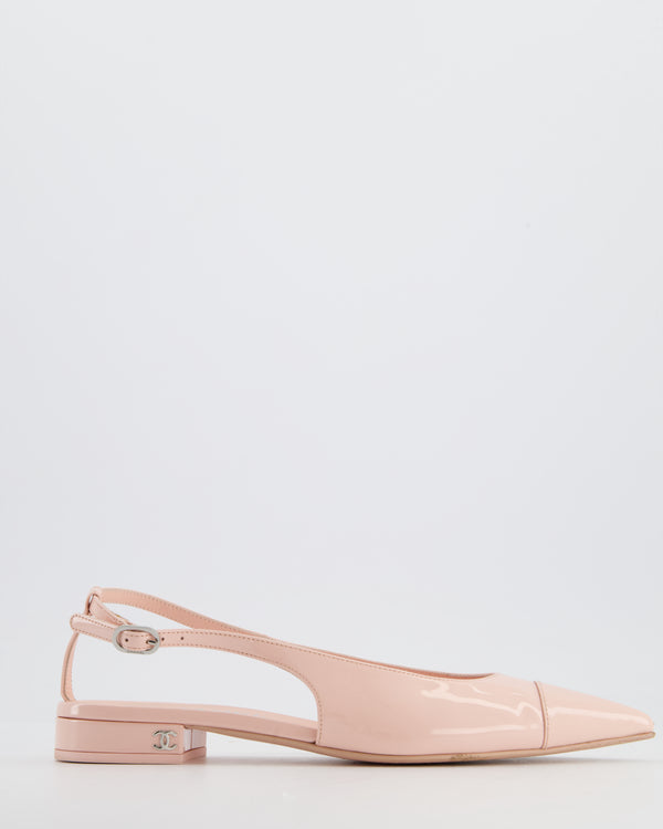 Chanel Baby Pink Patent Calfskin Leather Cap Toe Slingback Flats with Silver CC Logo Detail Size EU 37